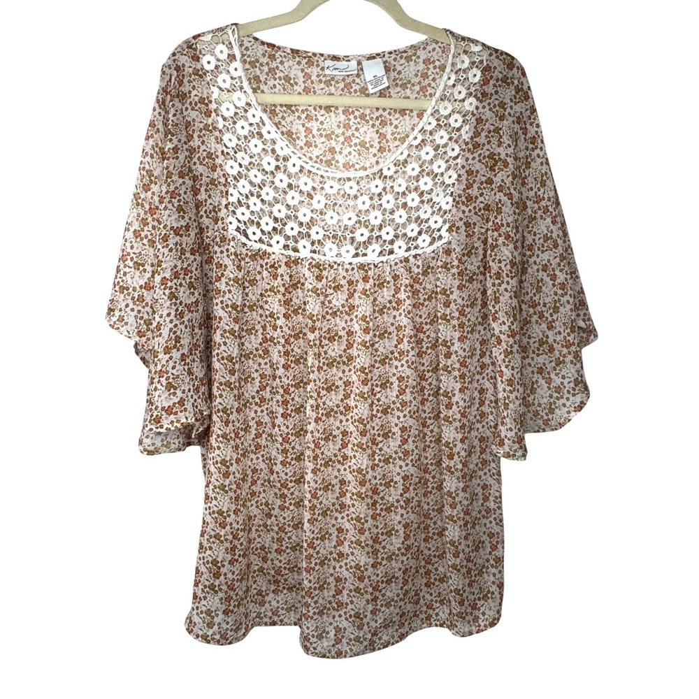 Kim Rogers Floral Crochet Lace Blouse Women XL Chiffon Flutter Sleeve Cream Pink